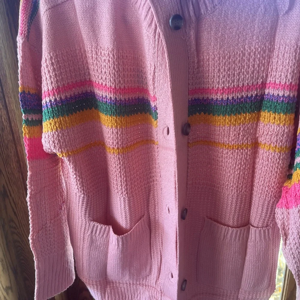 Pink Stripe Cable Knit Cardigan Summer Sweater. Size: Medium (8-10) NWT - Picture 7 of 10